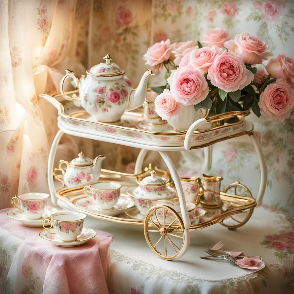 Impressionist Tea Cart with Pastel Hats and Roses