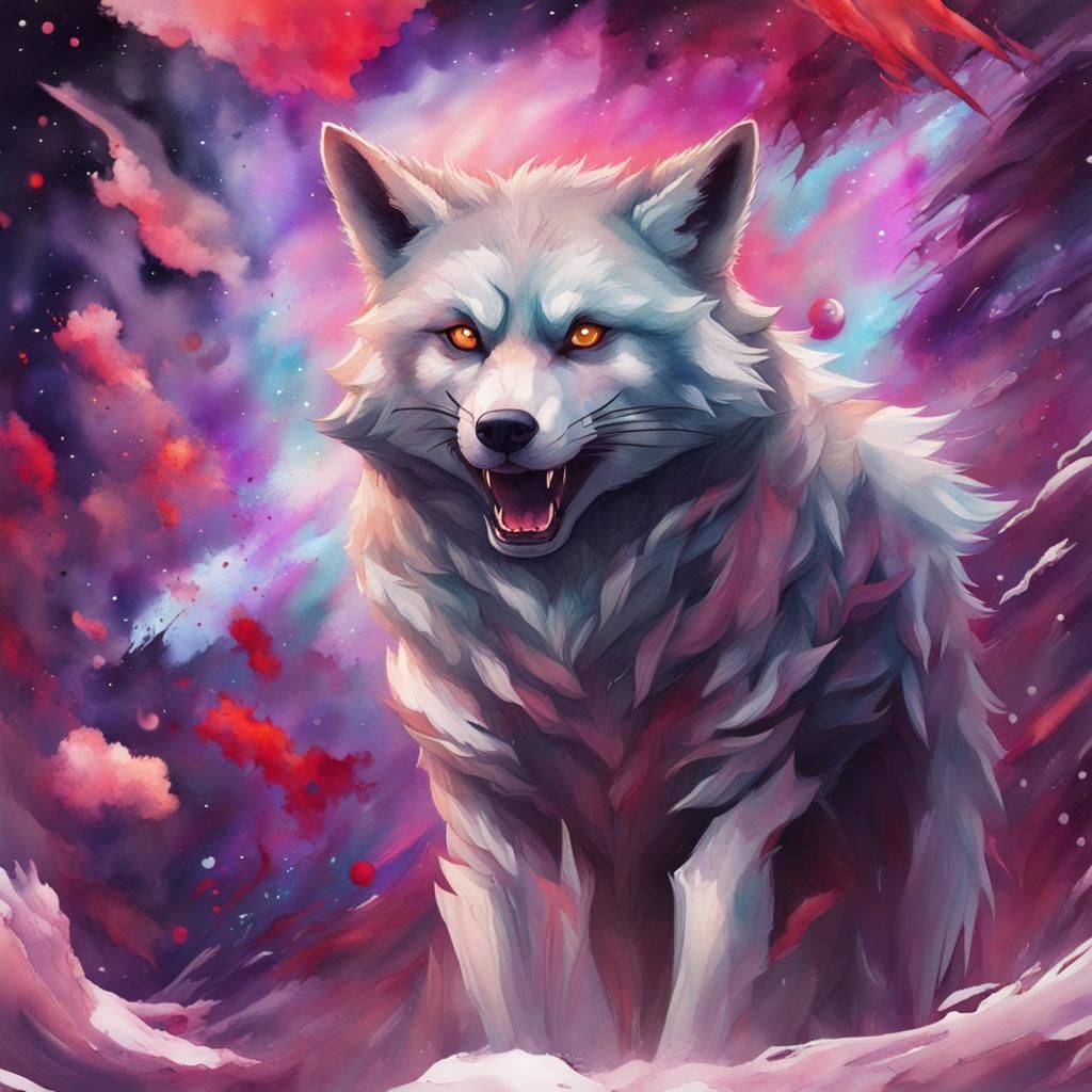 Wolf and Red Panda Hybrid in Space: Watercolor Art