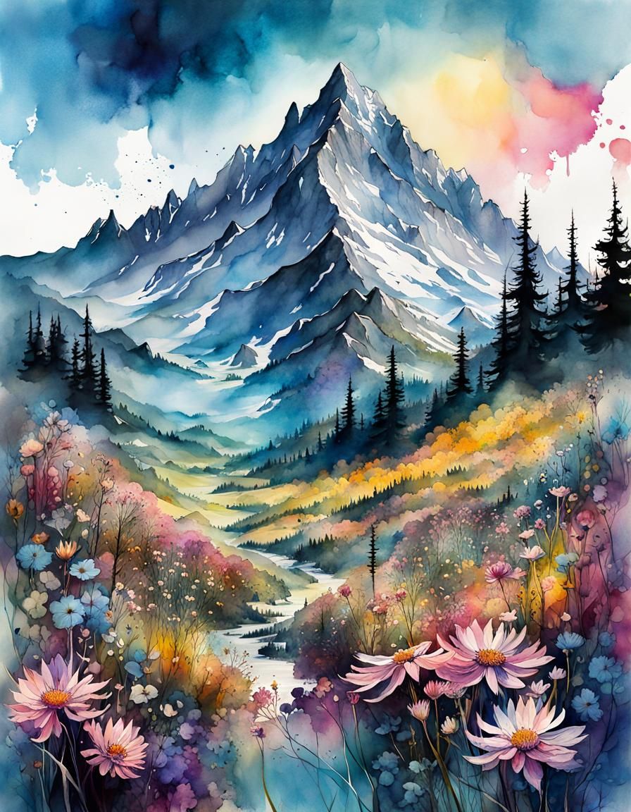 Wildflower Mountain: Digital Watercolor Illustration