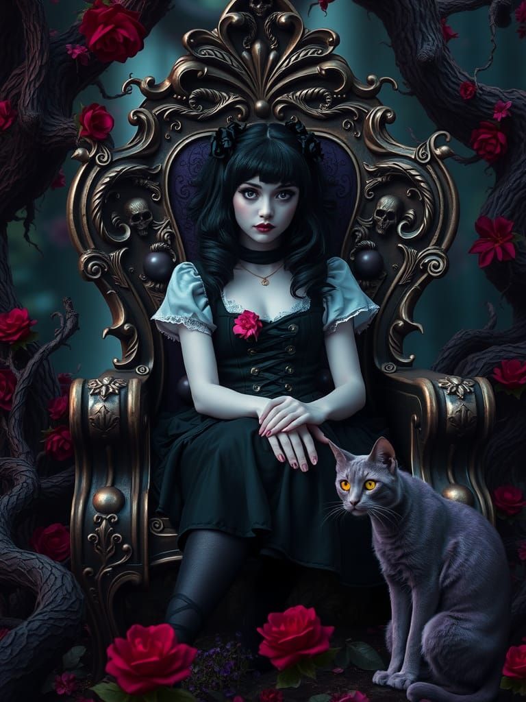Gothic Alice on Throne in Mystical Forest