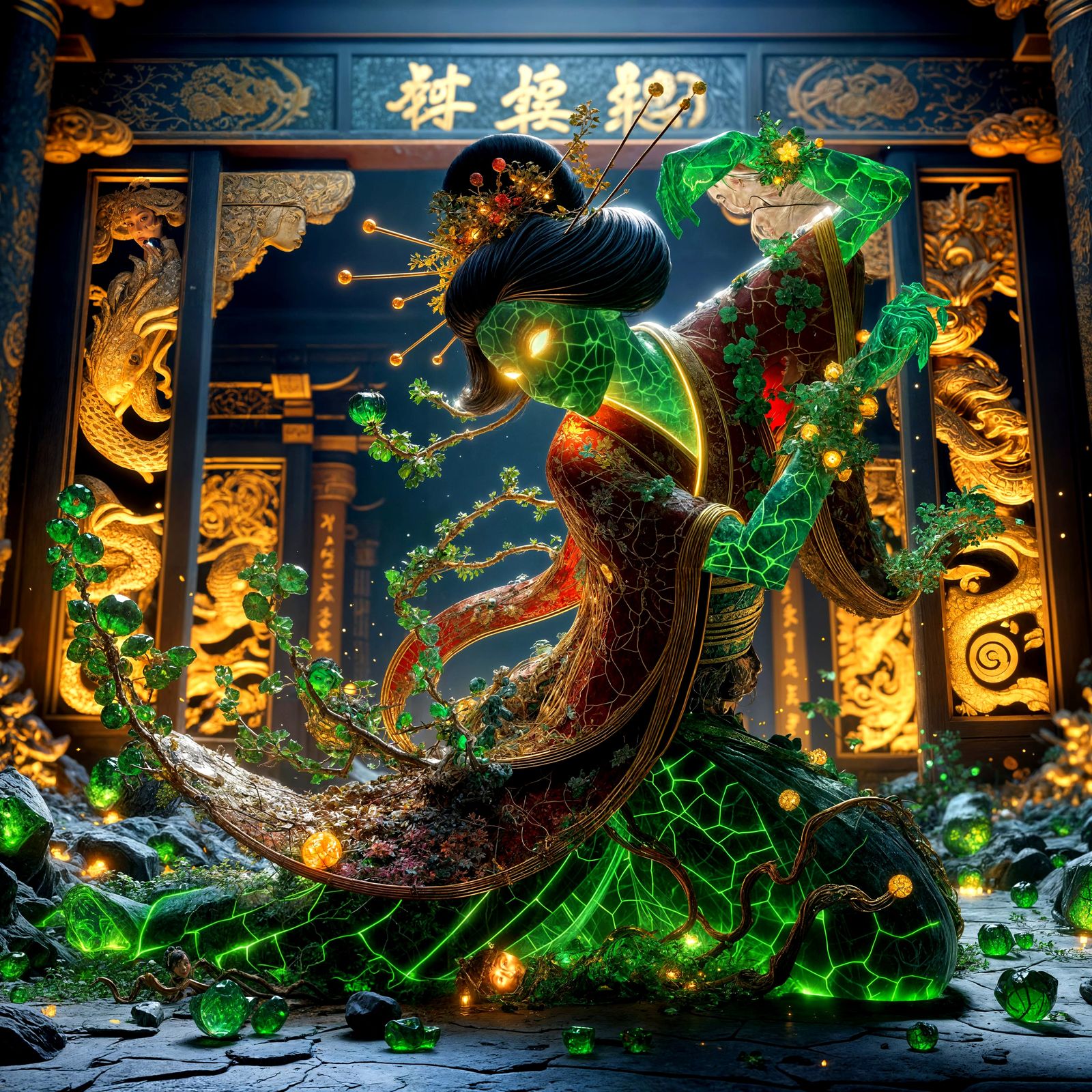 Emerald Geisha Statue in Ancient Temple at Night