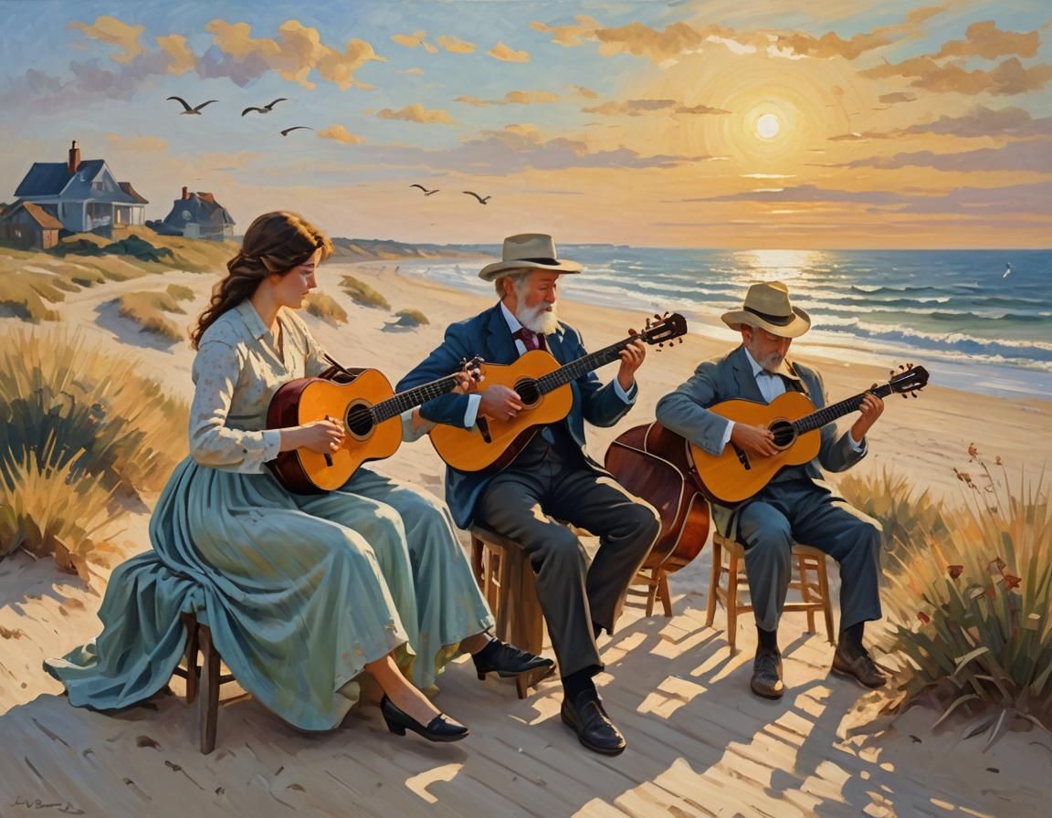Impressionist Bluegrass Band on Boardwalk at Sunset