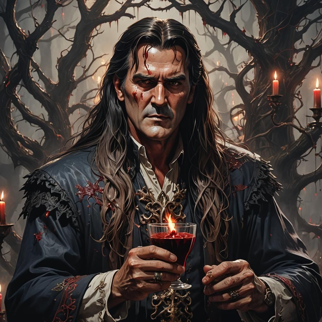 Gothic Ritual: Man with Long Hair Drinking Blood