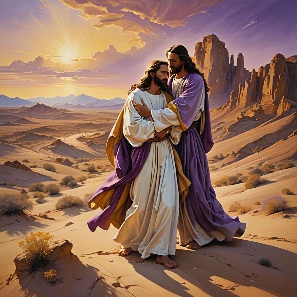 Jesus and Prophet Embrace in Surreal Desert