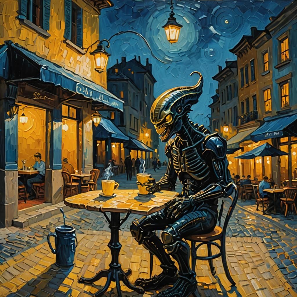 Xenomorph at Cafe: An Impasto Oil Painting