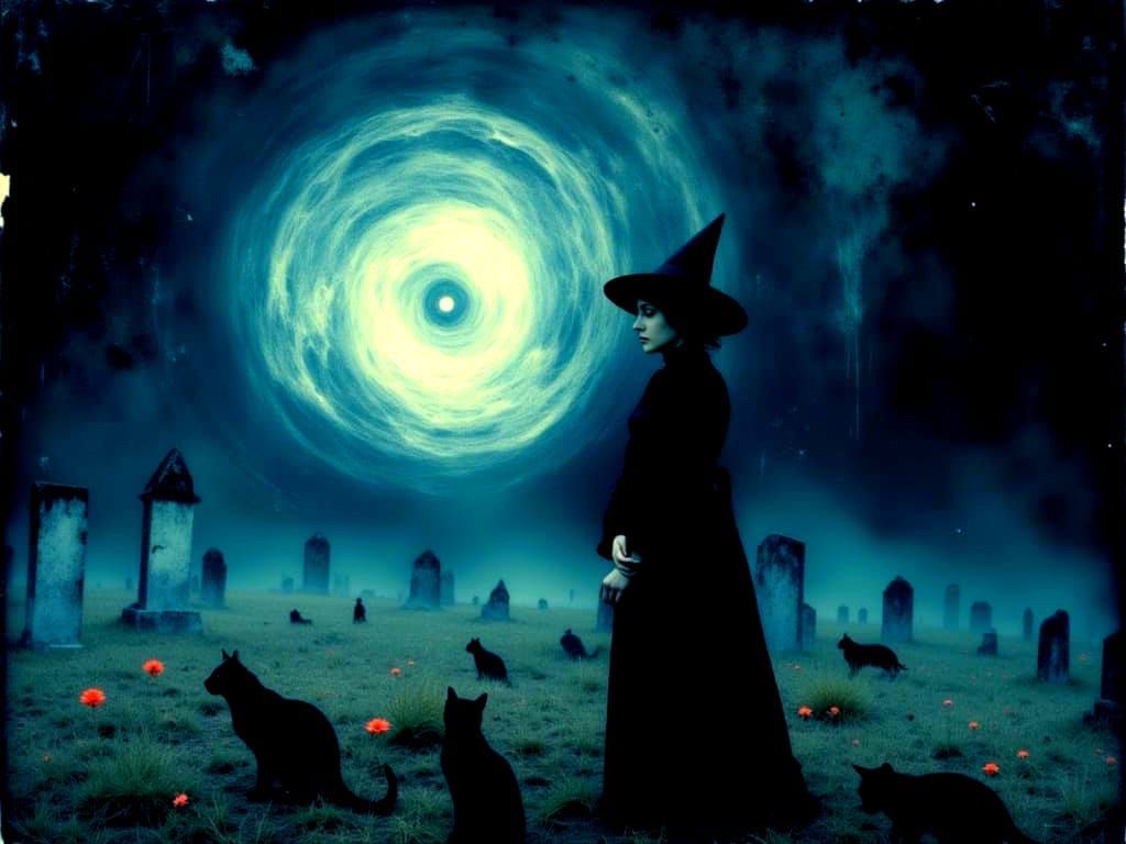 Halloween Witch Casting Spell in Foggy Cemetery