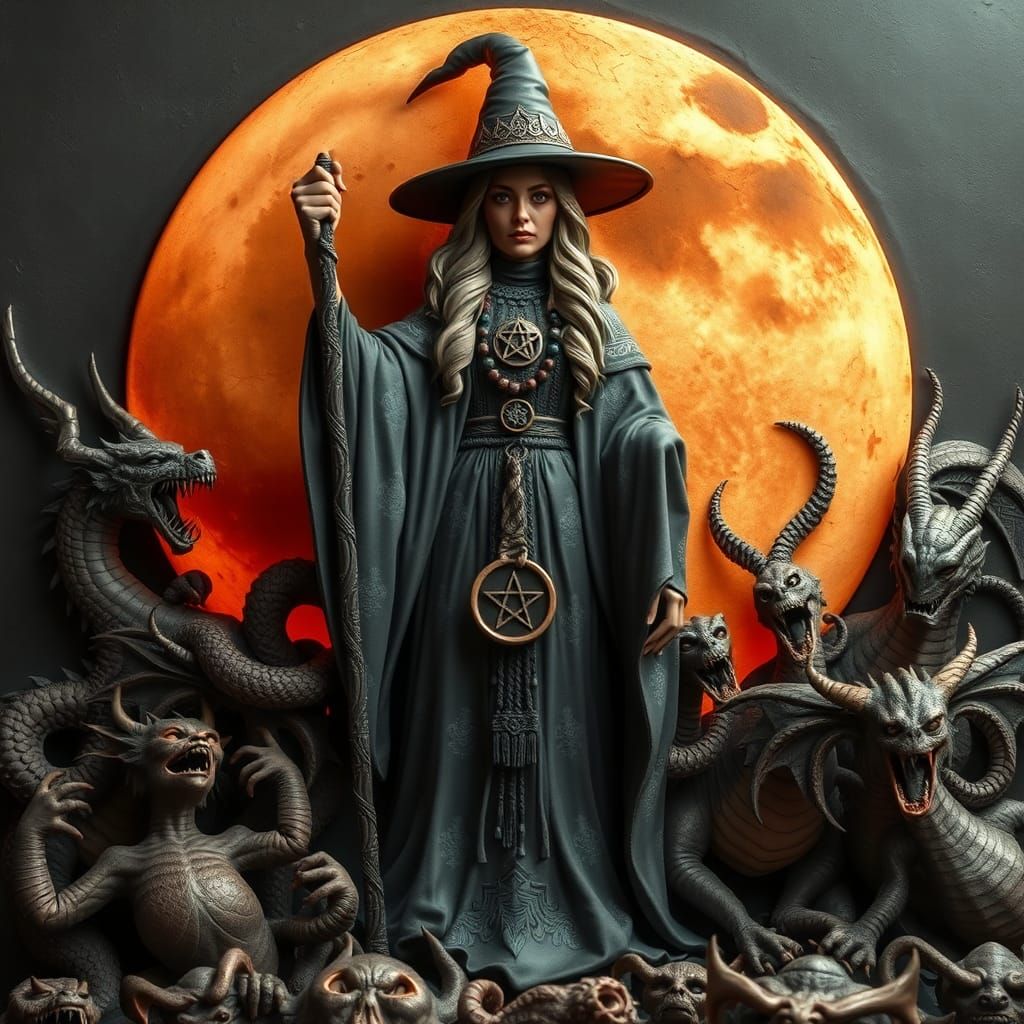 Witch and Fantastical Creatures in 3D Bas-Relief