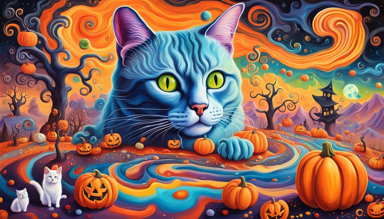 Surreal Halloween Cat in Candyland, Digital Illustration
