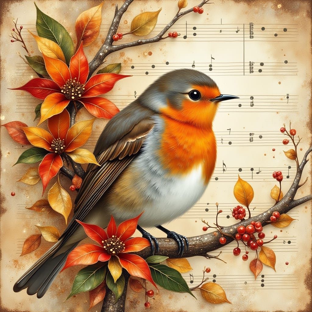 Detailed Robin Perched on Autumn Branch with Music