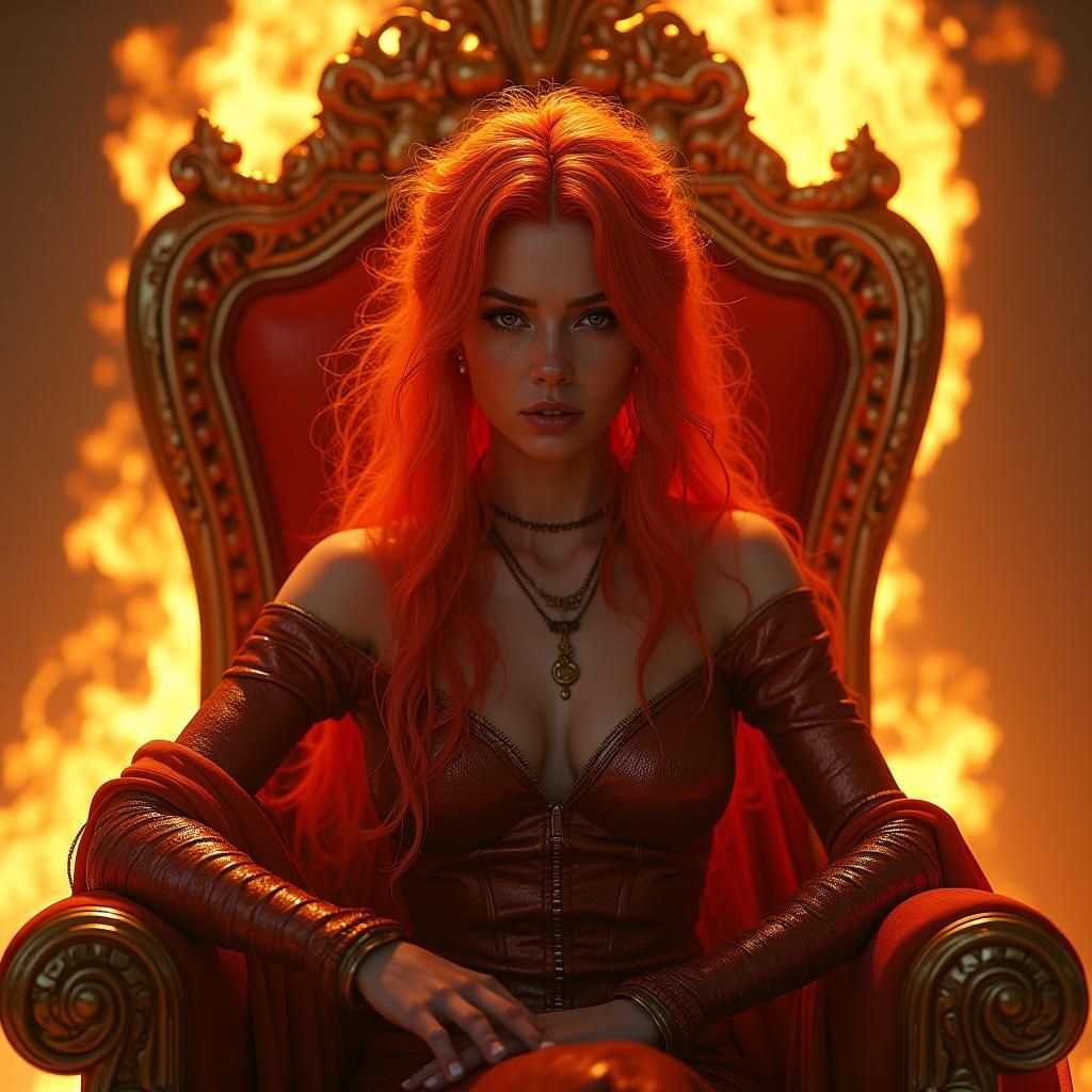 Fiery Redhead Queen on Burning Throne
