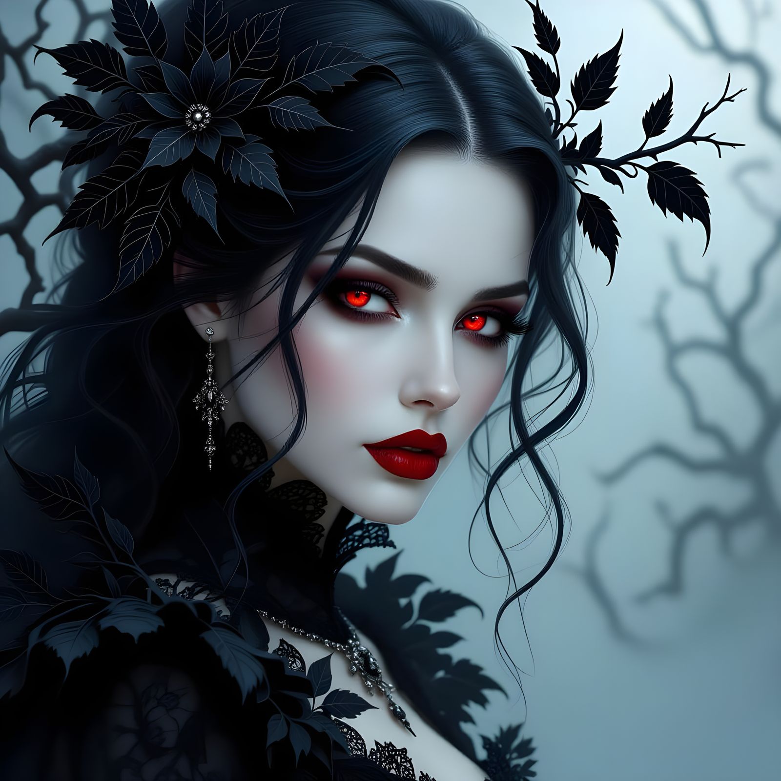 Gothic Woman with Glowing Eyes Amidst Black Leaves