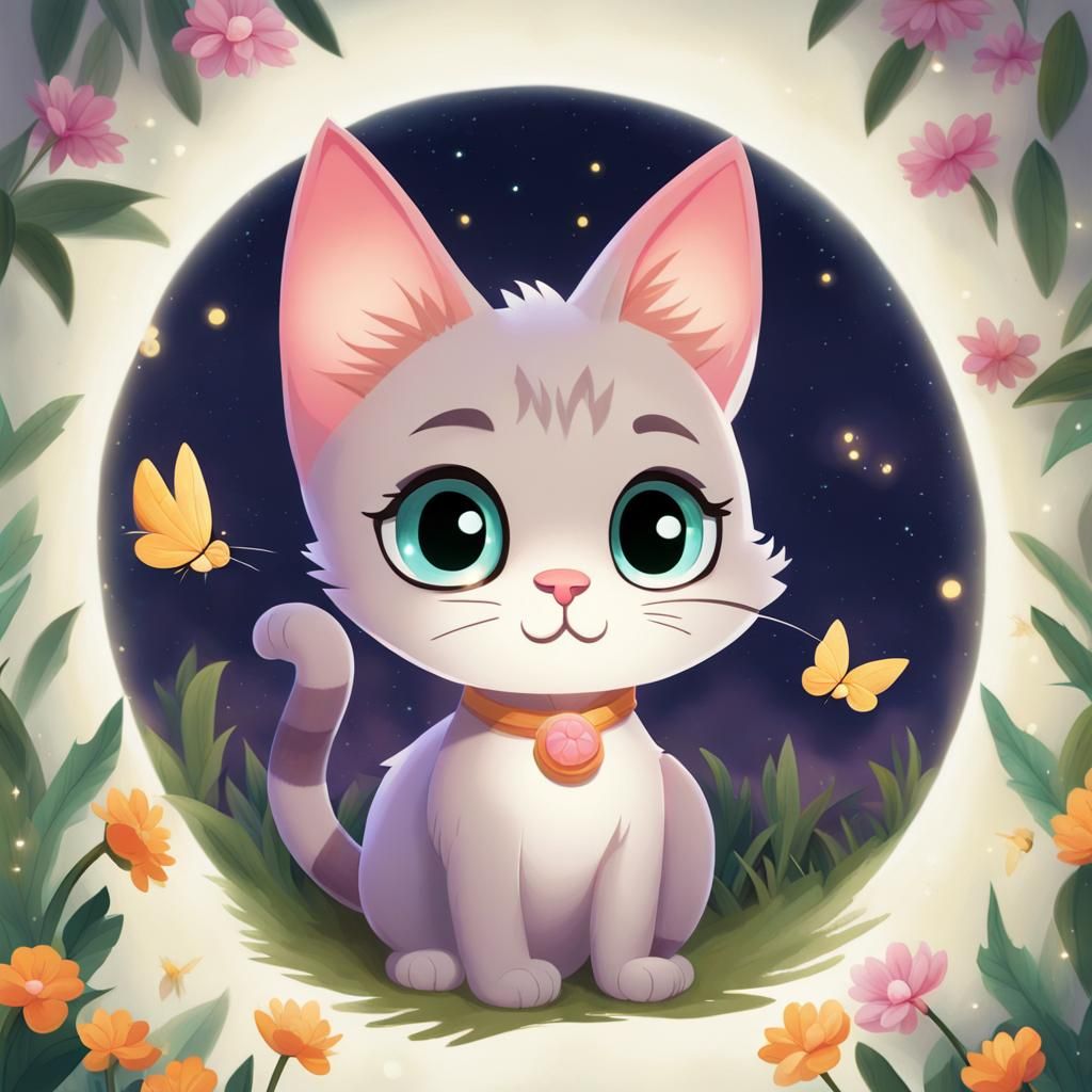Adorable Cat and Fireflies on a Magical Night