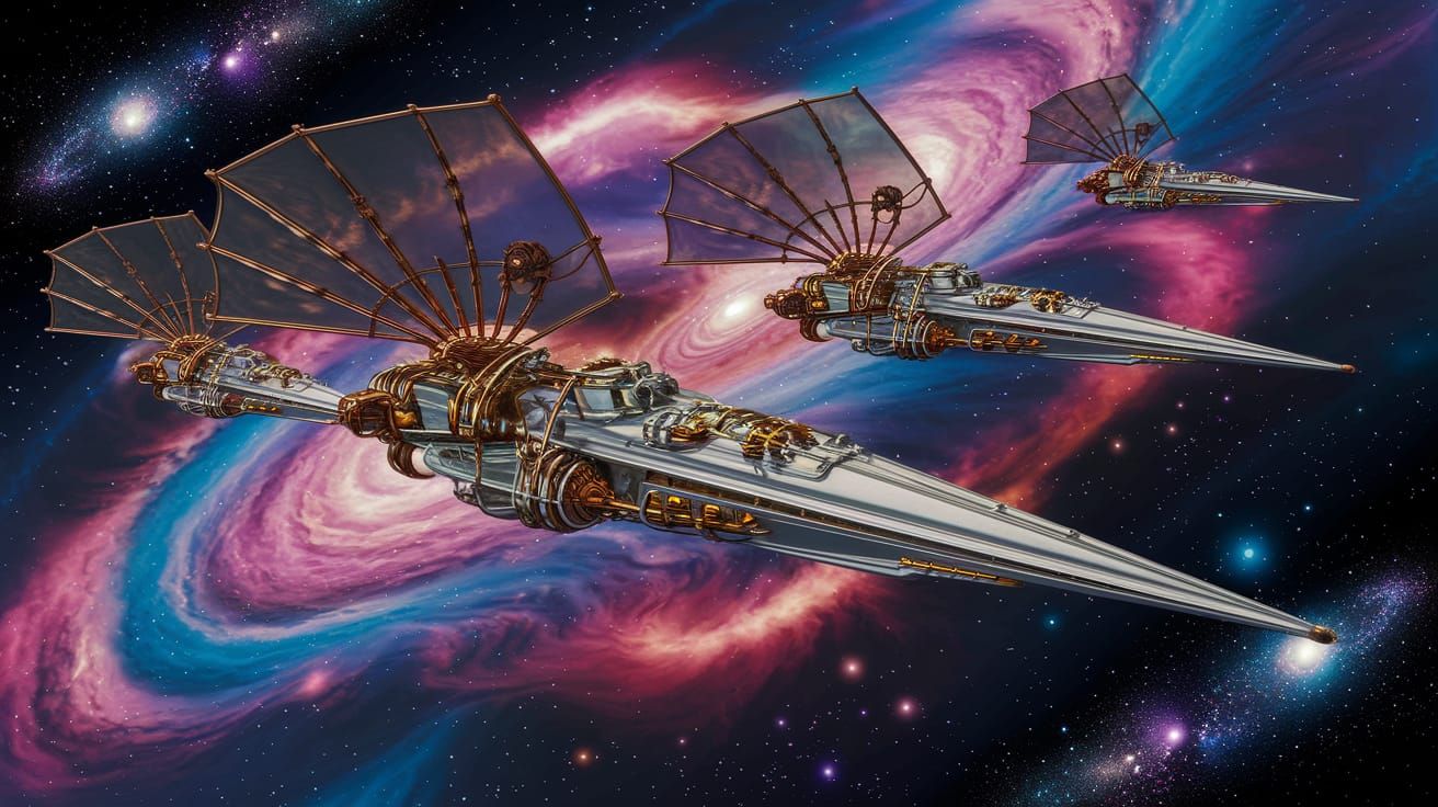 Steampunk Star Cruisers Sail Through Vibrant Nebulae