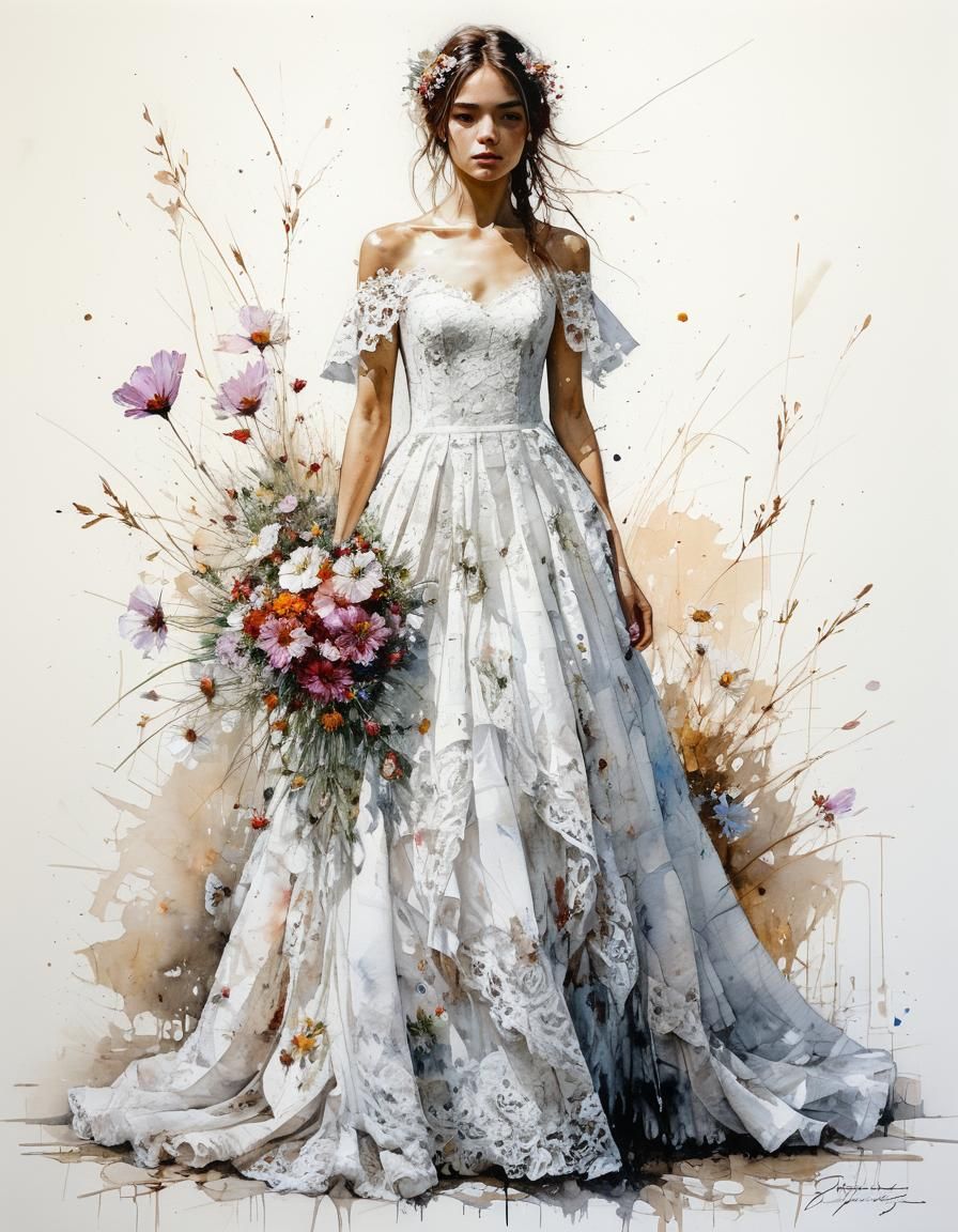 Bride in Lace Dress with Cosmos Flowers Watercolor