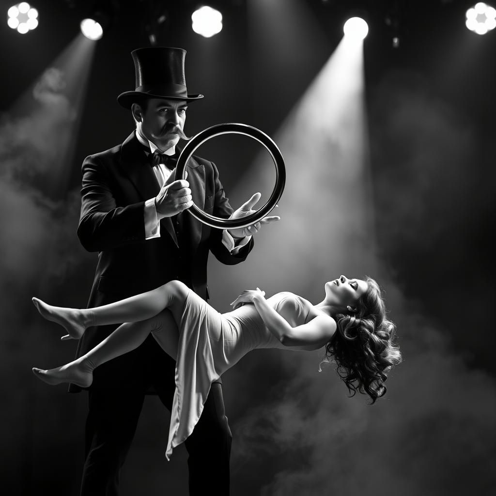 Classic Magician Levitation Act in Black and White