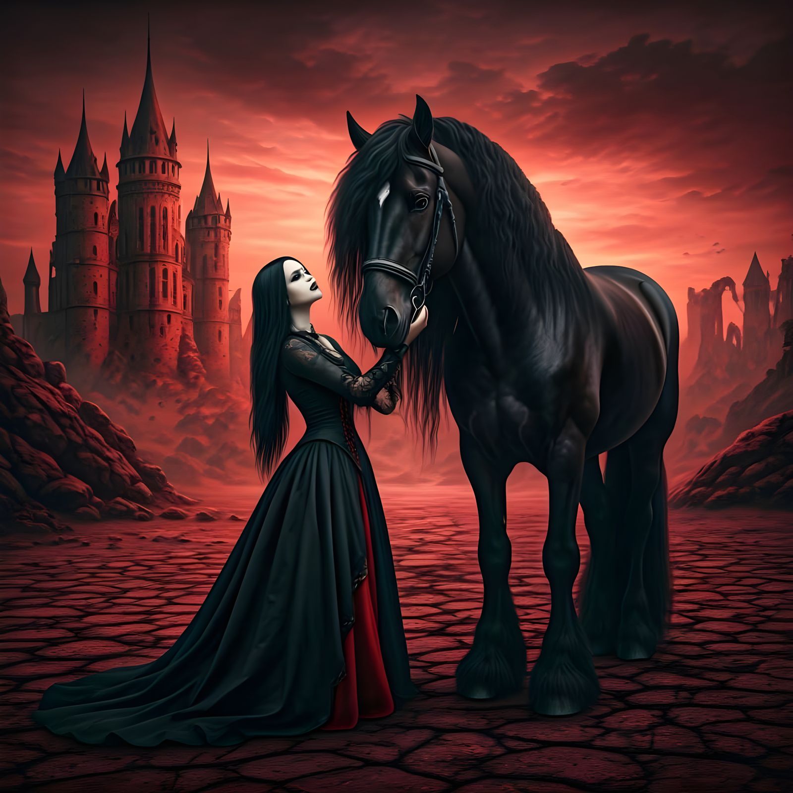 Goth Girl in Majestic Black Horse Encounter