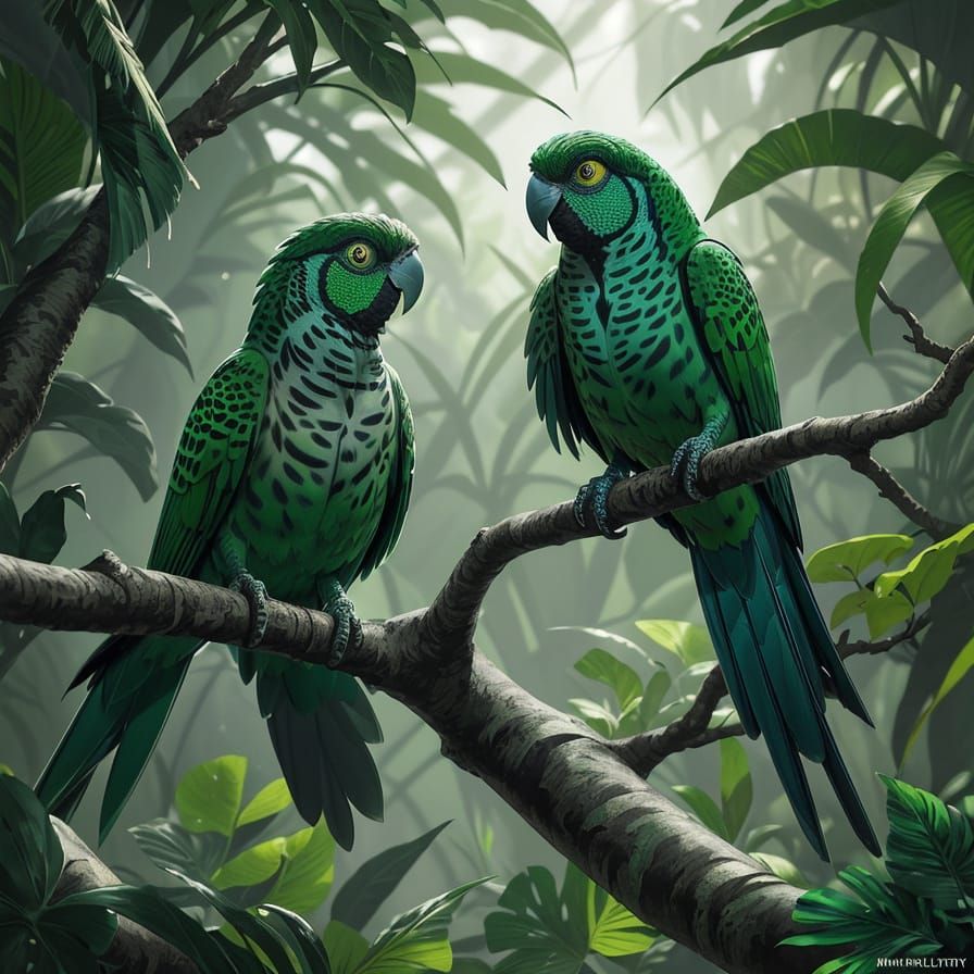 Green Parakeet and Chameleon on Jungle Branch