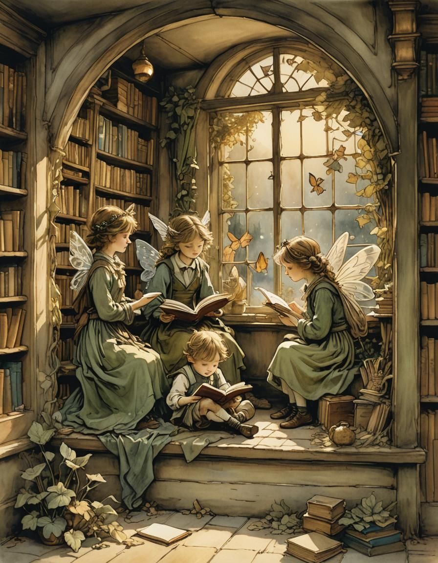 Fairies Reading in Bookshop Window: Storybook Illustration