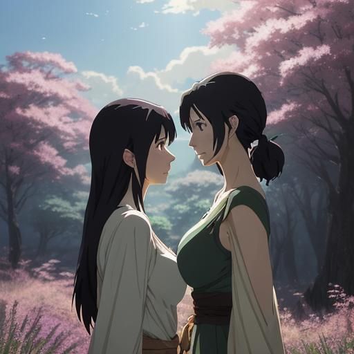 Anime Women Staredown in Studio Ghibli Style