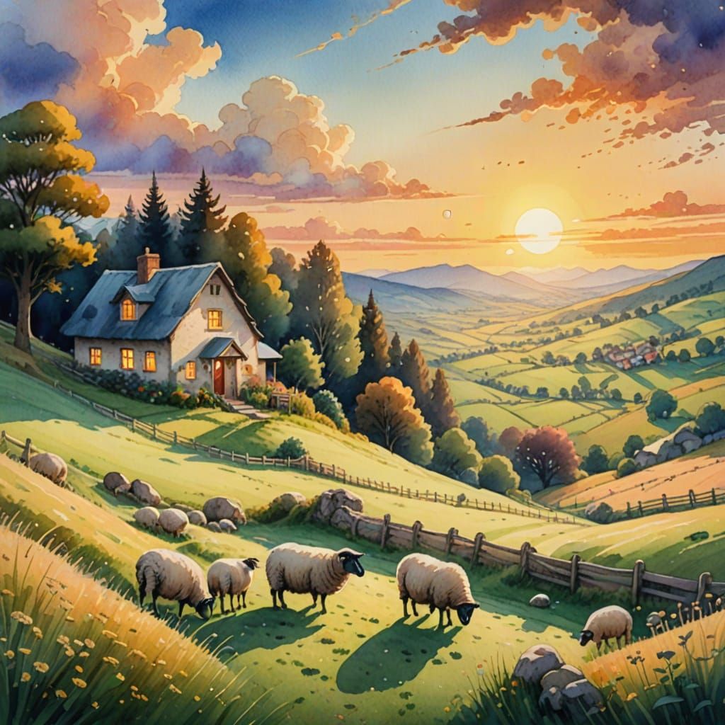 Whimsical Watercolor Landscape of a Cozy Hilltop Cottage