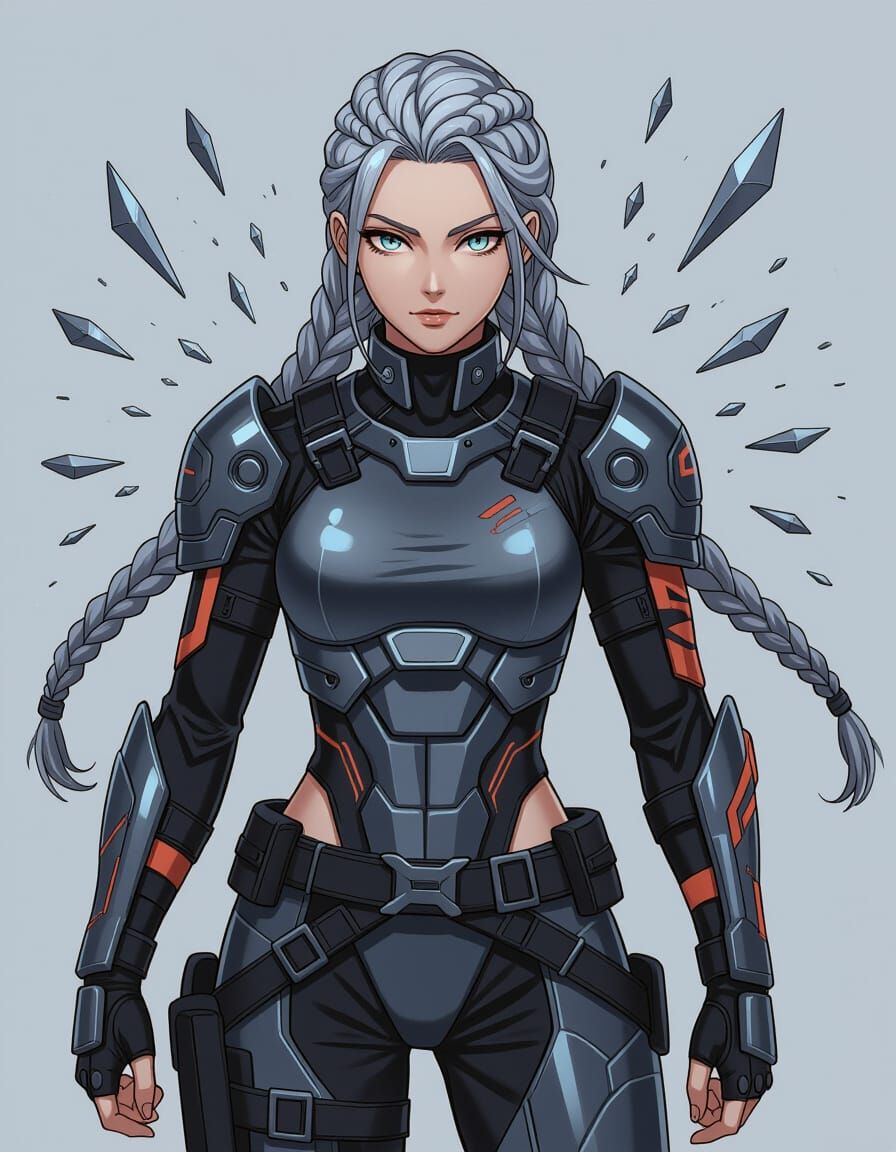 Futuristic Battlemage Vexa in Anime Cel-Shaded Style