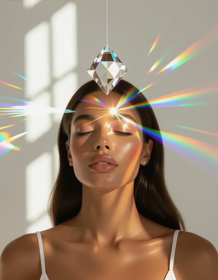 Sunlit Prism Refracts Rainbow Light on Woman's Face