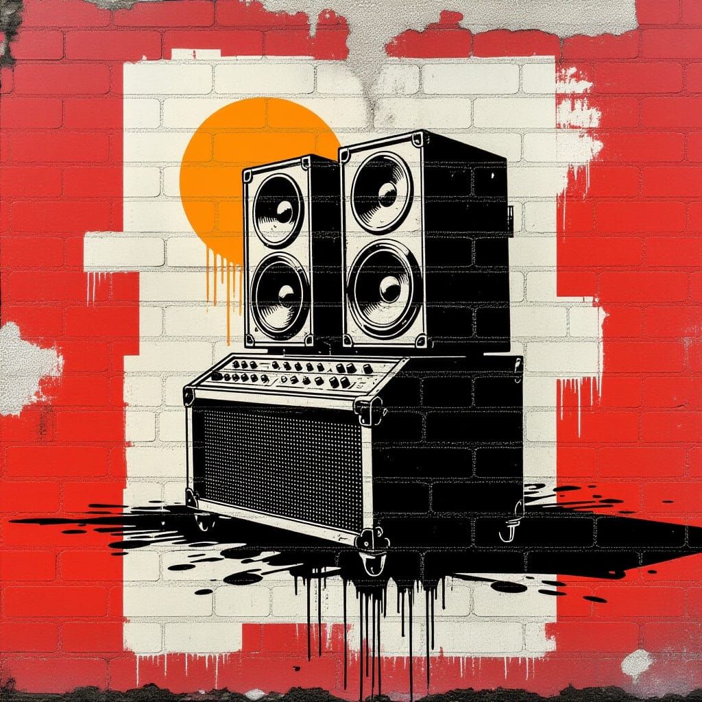 Stencil Graffiti Sound System Poster in Black White Orange