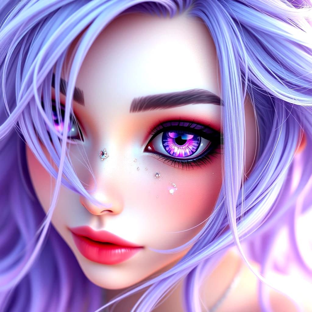 Hyper Realistic Fairy with Vibrant Purple Hair and Makeup
