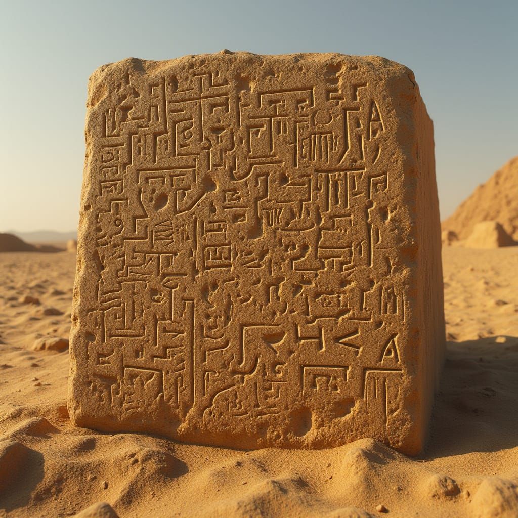 Egyptian Desert Rosetta Stone with Asemic Writing