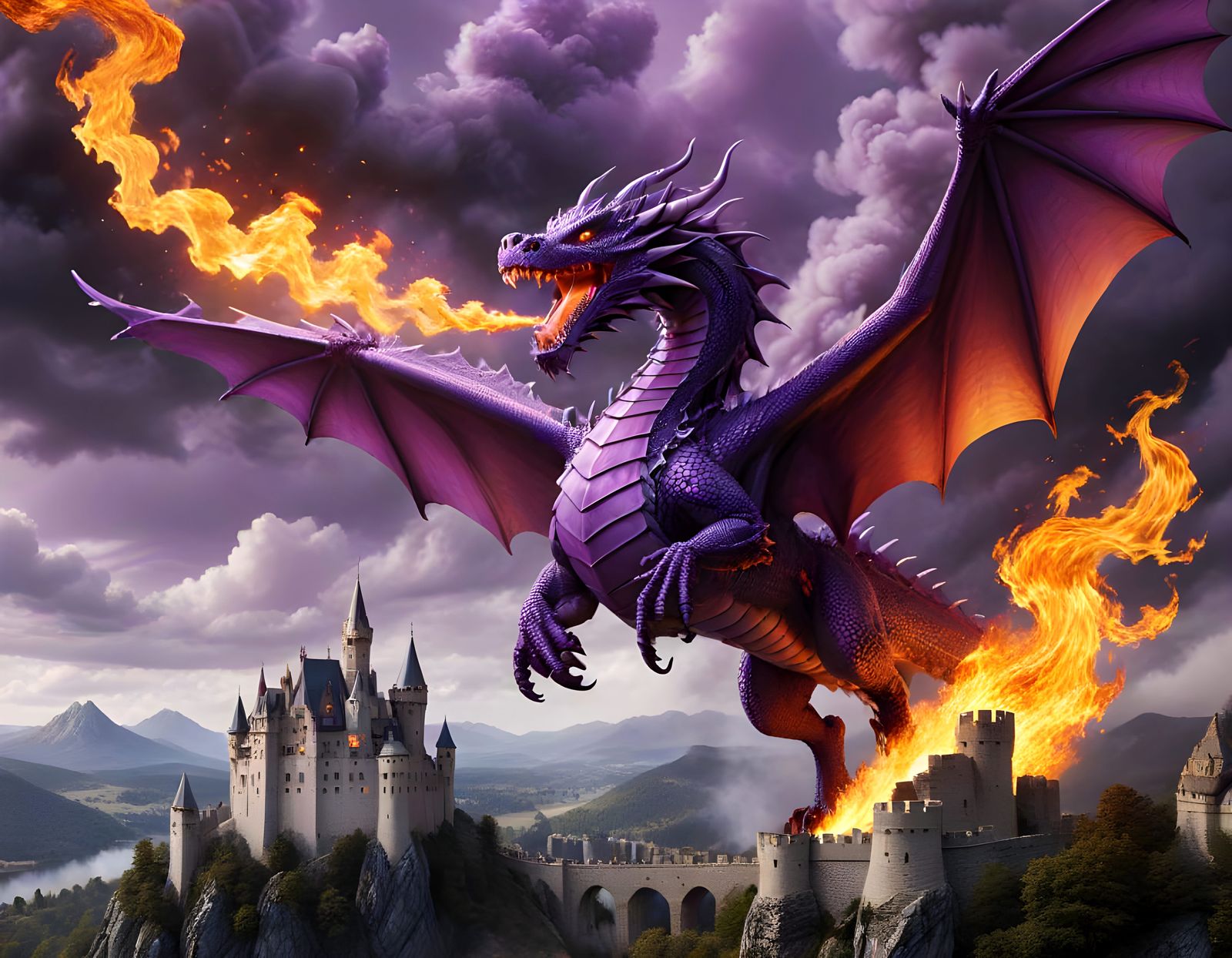Majestic Purple Dragon Soars Above Castle in Fiery Glory