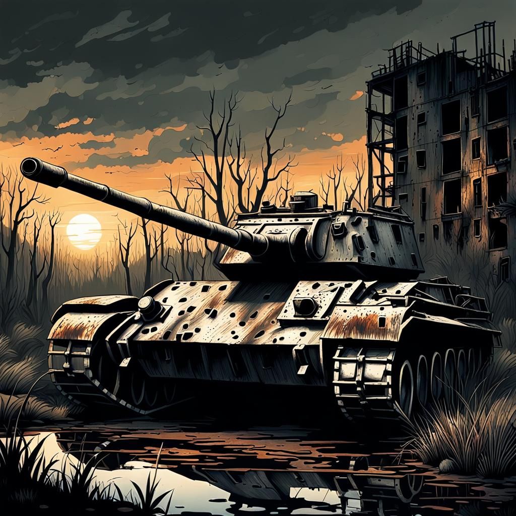 Charcoal Drawing of Abandoned Tank in Swamp at Sunset