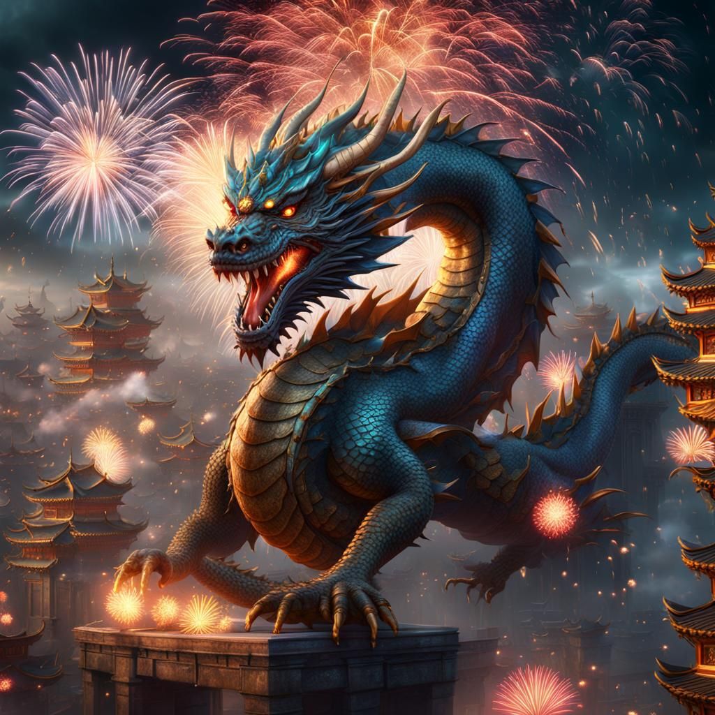 East Dragon New Year Fireworks in Detailed Painting