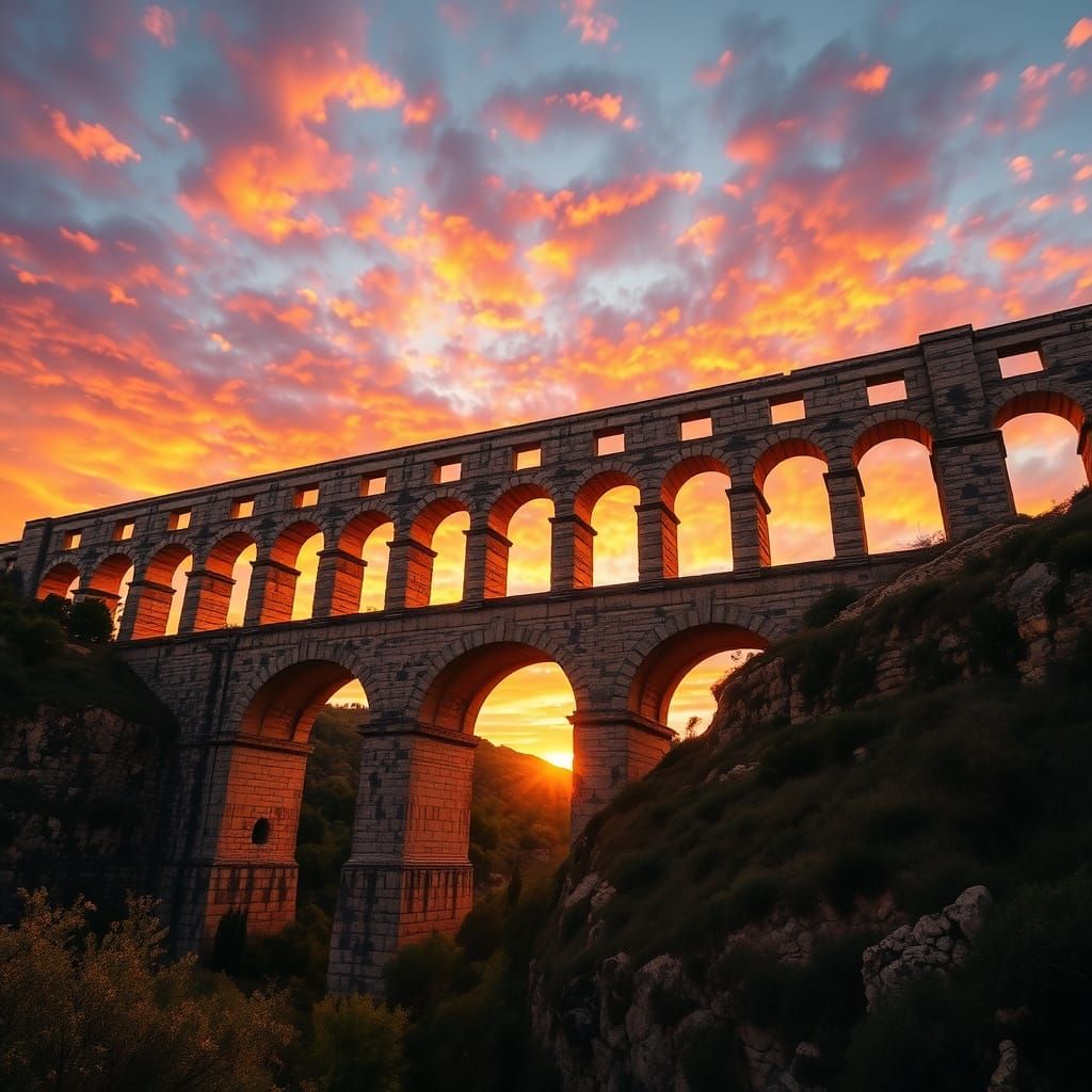 Pont du Gard Aqueduct at Dramatic Sunset
