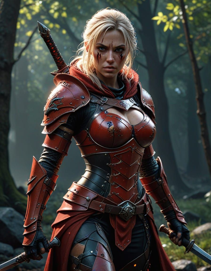 Sexy Fierce Female Warrior in Red Leather Armor