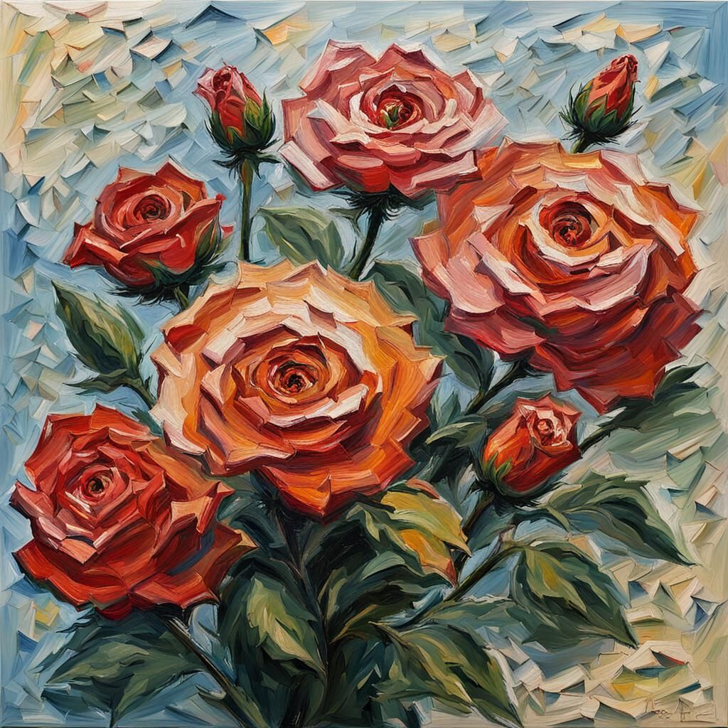Impasto Painting of Blooming Roses