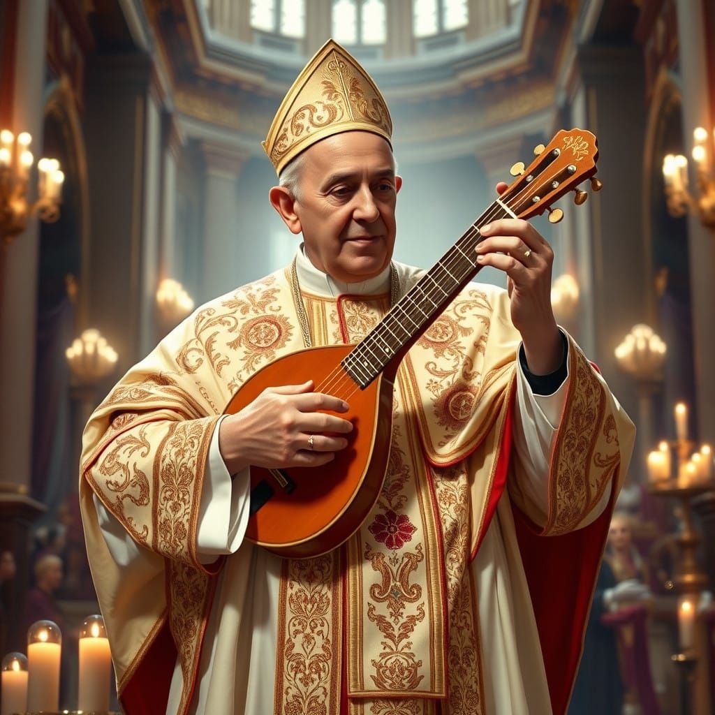 Pope Francis in Papal Vestments Plays Gilded Lute at St. Pet...