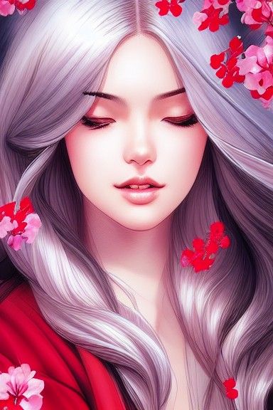 Woman in Kimono Surrounded by Cherry Blossoms