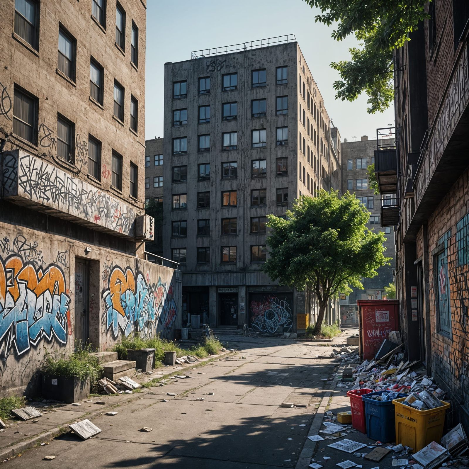 Urban Cityscape with Vibrant Street Art and Sunlit Concrete