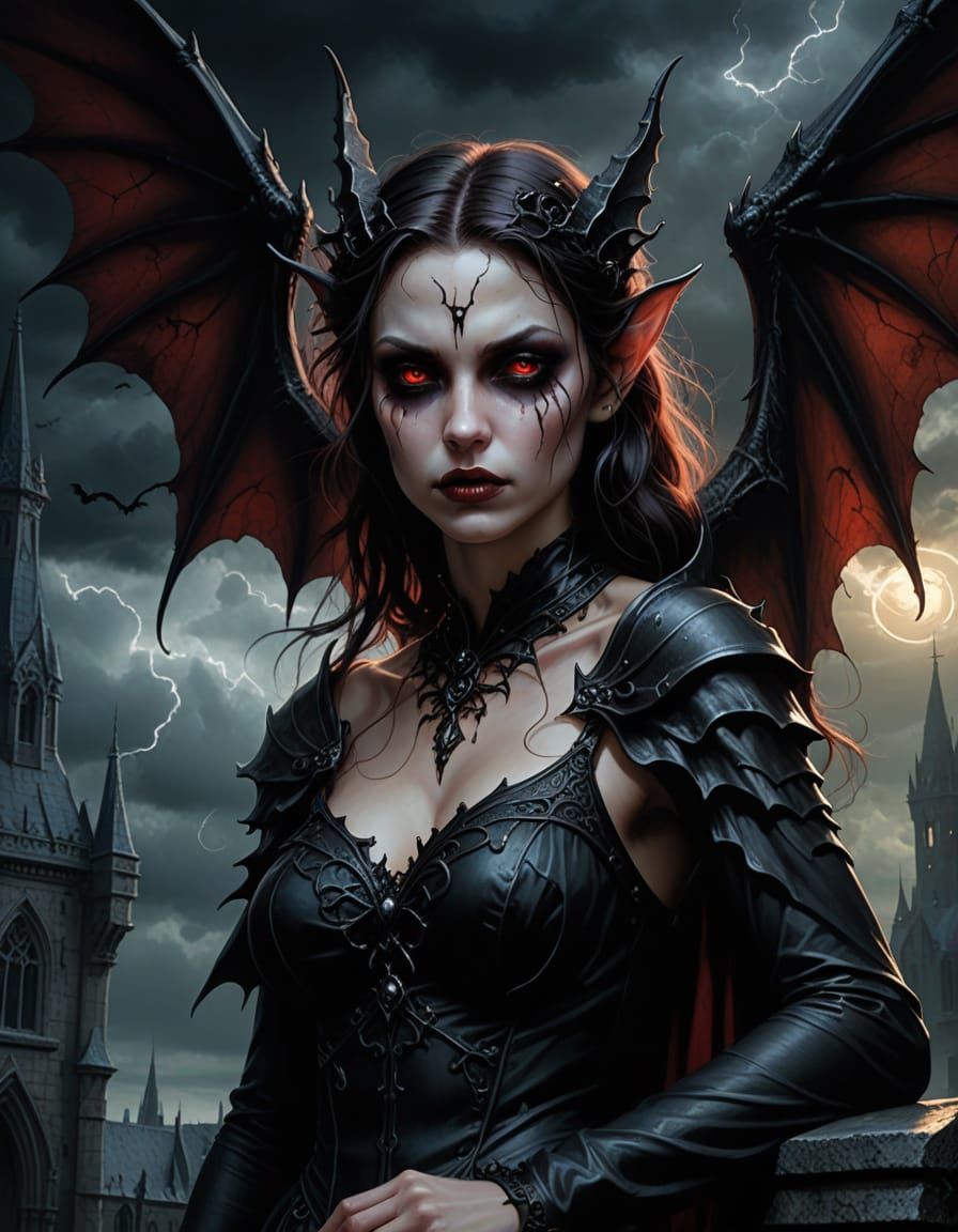 Gothic Fairy Perched on Gargoyle in Dark Romanticism Style