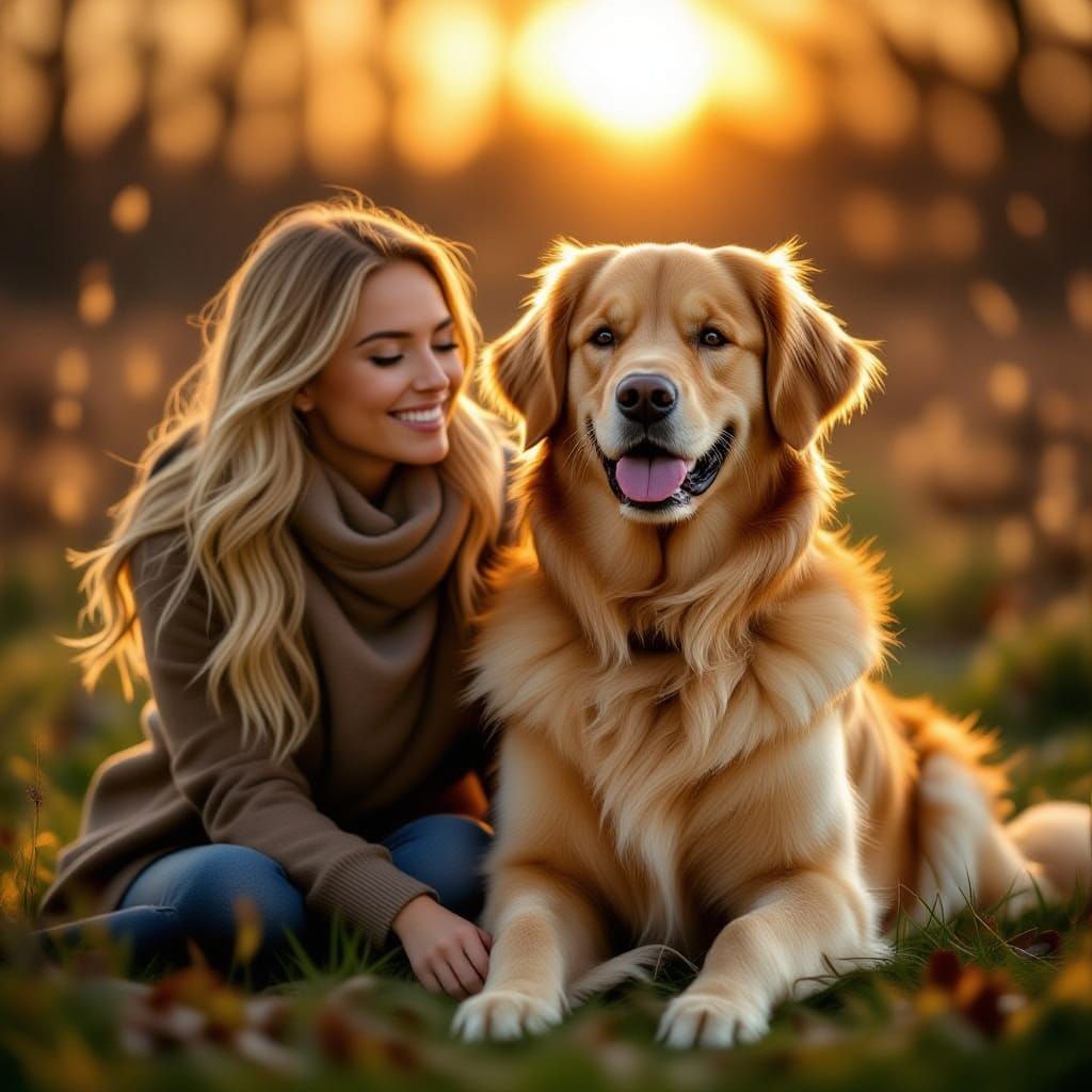 Golden Retriever Companionship in Golden Hour Light