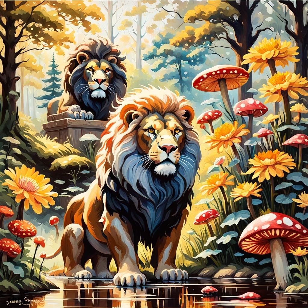 Majestic Lions in Cottagecore Garden, Impasto Oil Painting