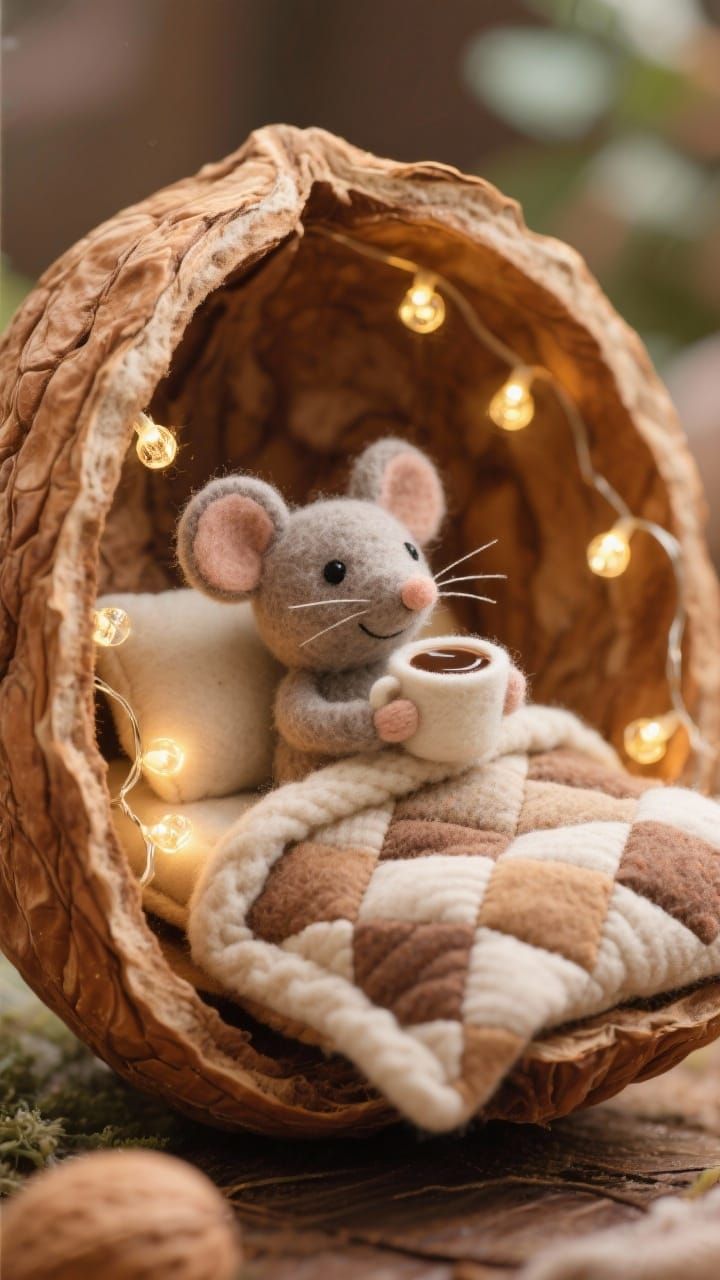 Cute Felt Mouse Enjoys Hot Chocolate Inside a Walnut