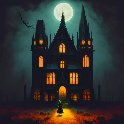 Spooky Girl and Kitten Face Haunted House by Bony Hand