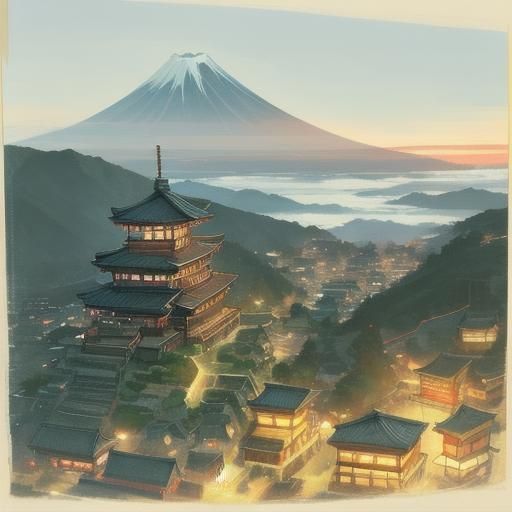 Japanese Coastline Village in Studio Trigger Anime Style