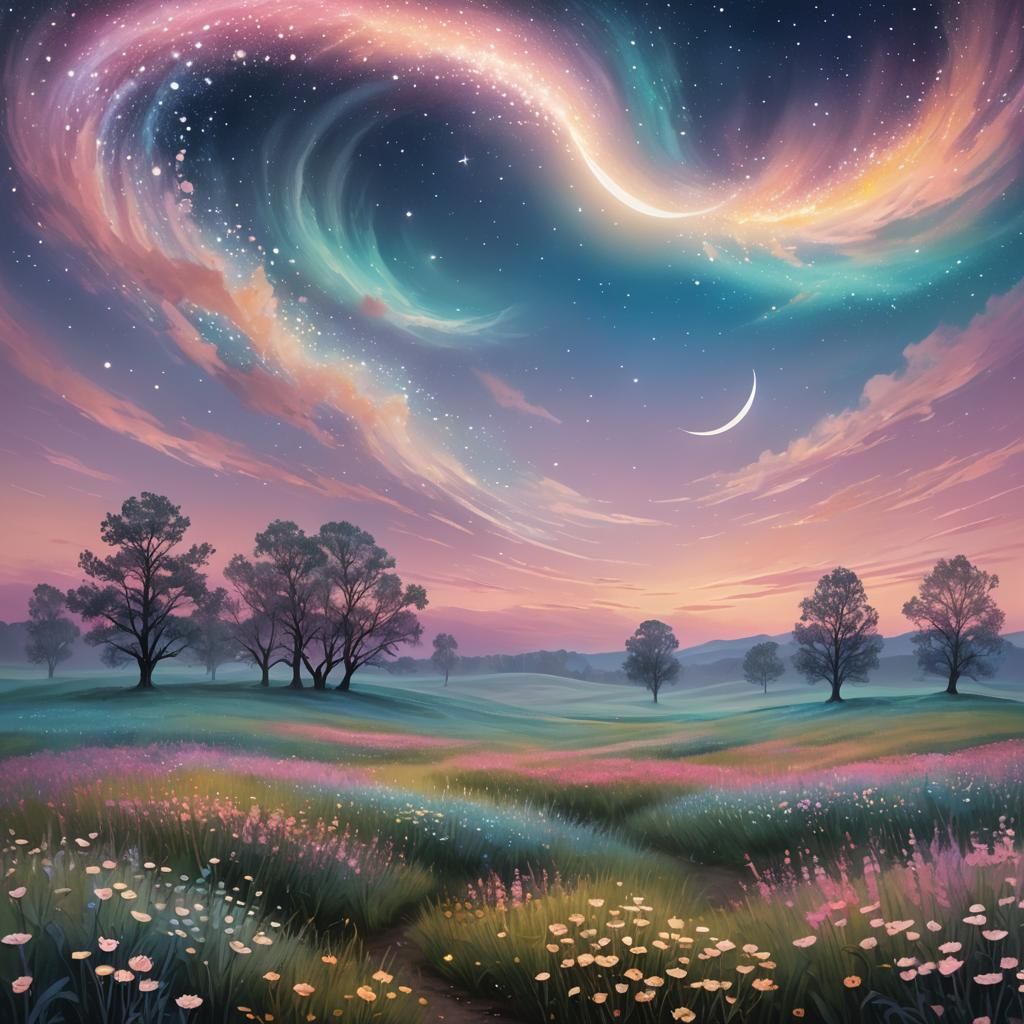 Floral Field Under Starry Sky: Surreal Digital Art
