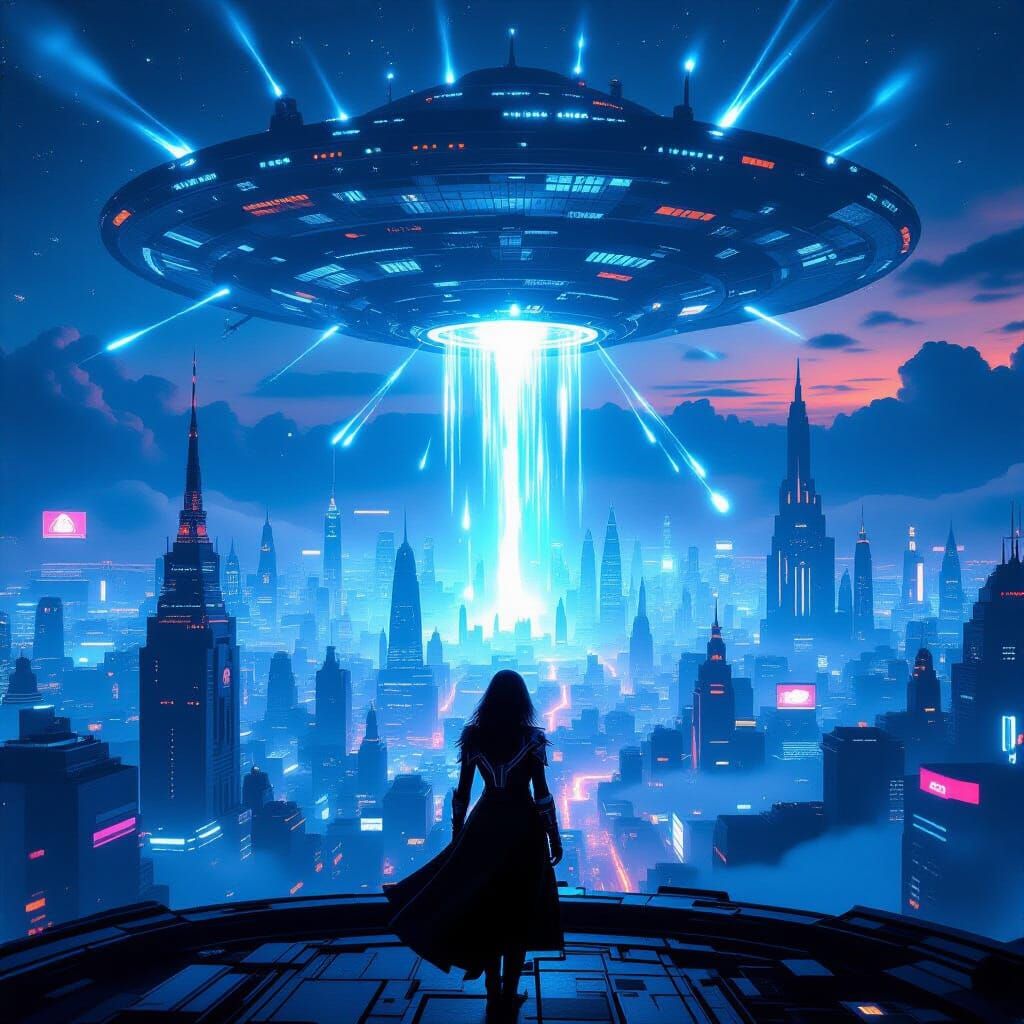 Futuristic Neon Cityscape Under Alien Invasion
