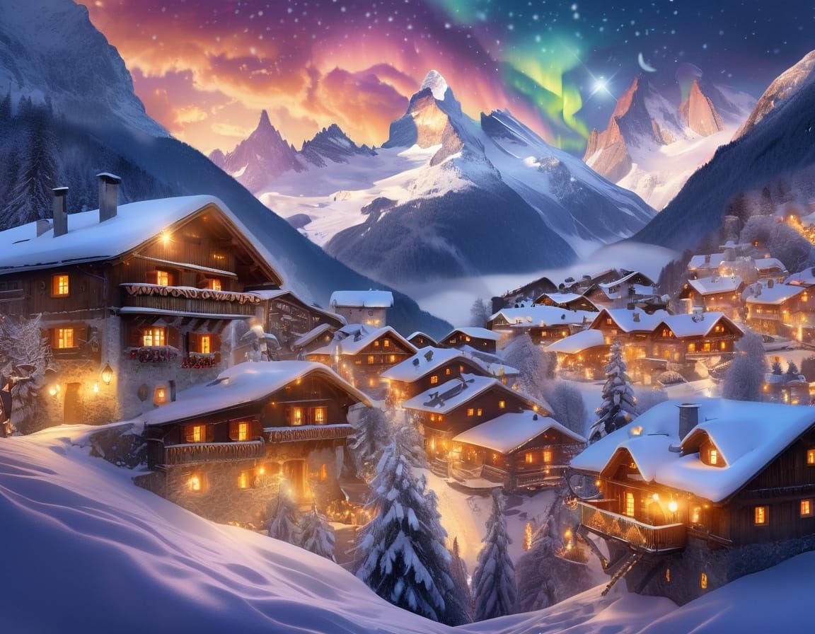 Dreamlike Swiss Alps Village Under Magical Aurora