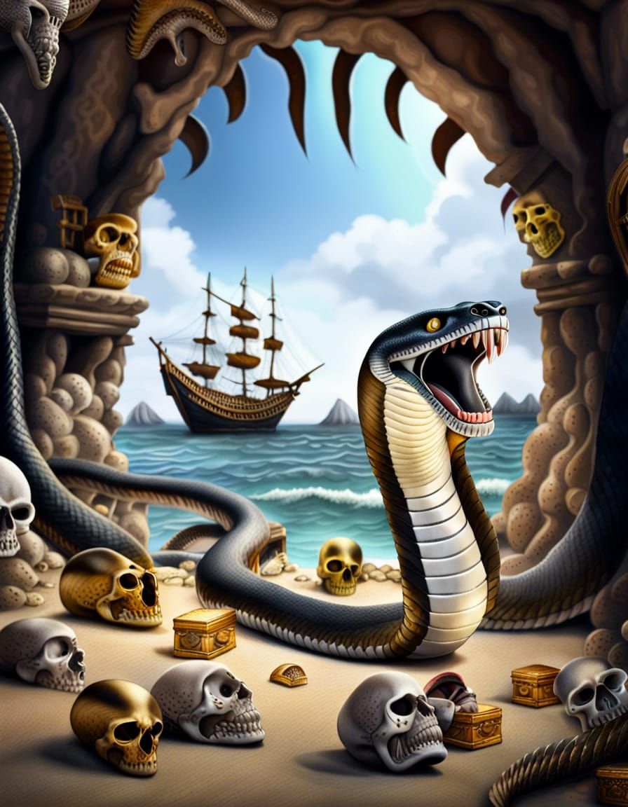 Photorealistic Cobra Snake Guarding Pirate Treasure