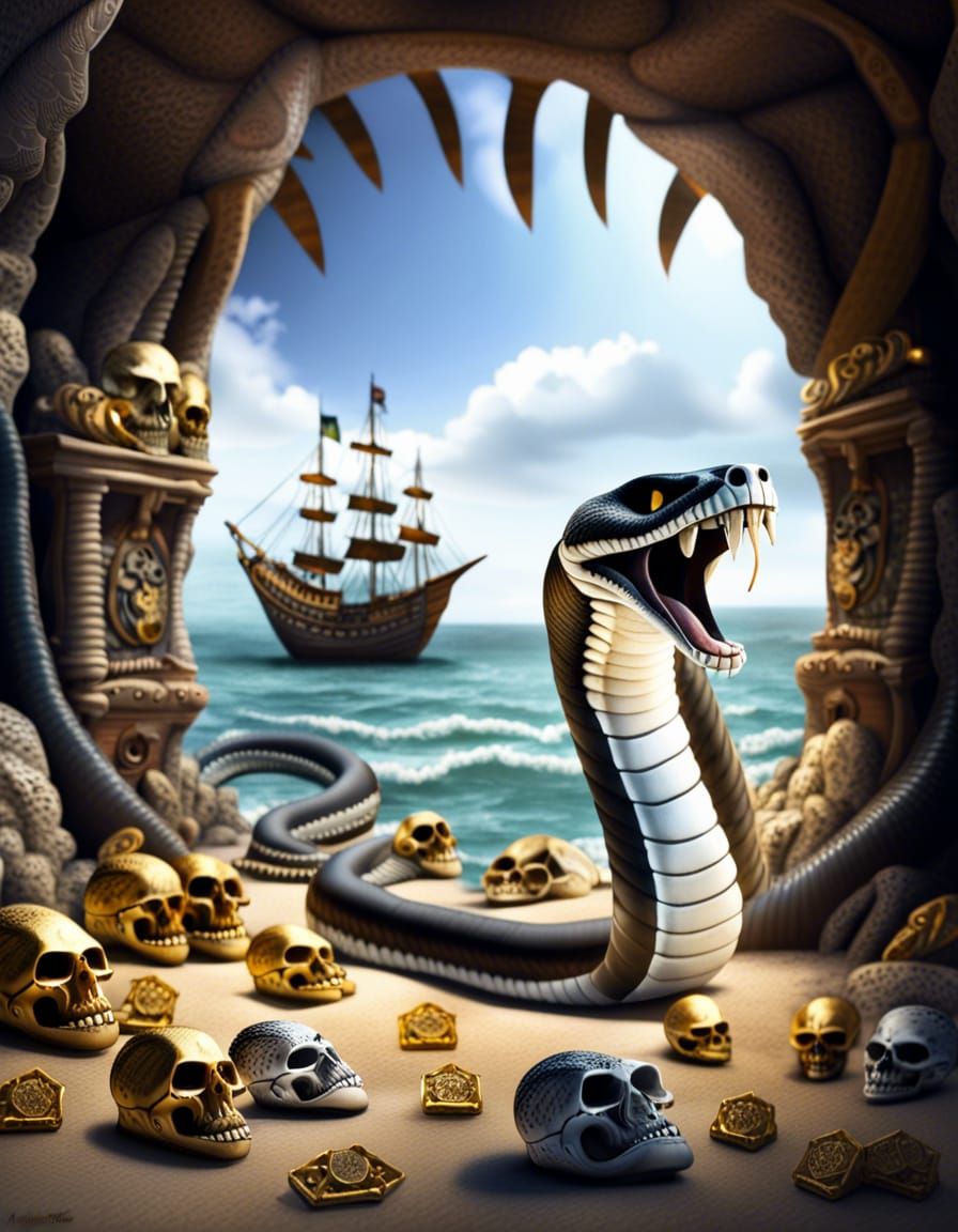 Photorealistic Cobra with Treasure in Pirate Cave