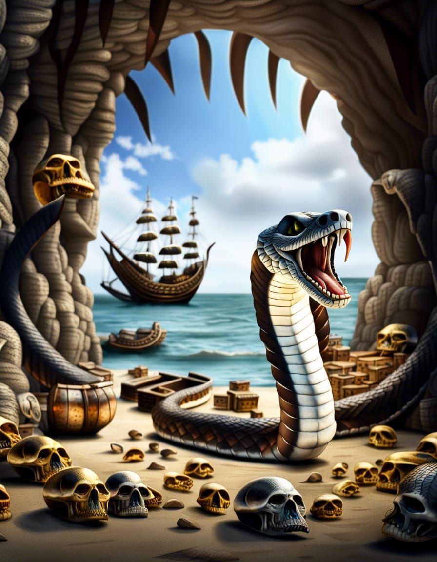 Photorealistic Cobra Snake Guarding Pirate Treasure